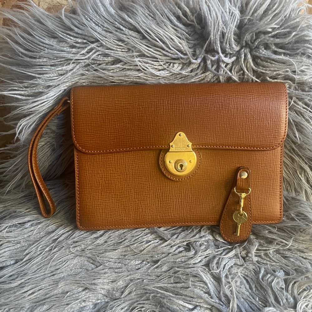 Burberry Tan Brown Leather Wristlet Clutch with Gold Hardware